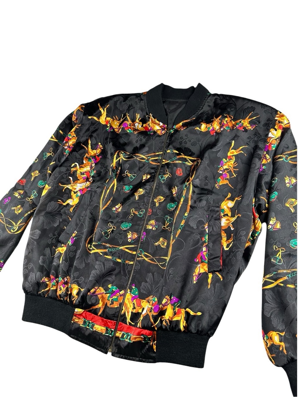 Vintage Style Equestrian Scarf Print Reversible Satin Bomber Jacket - Picture 2 of 12
